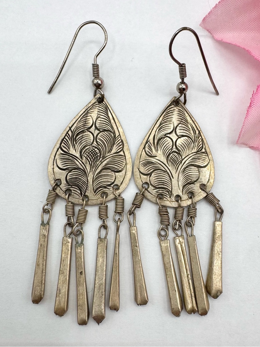 Boho Earrings Etched Floral Teardrop Dangle Handmade Festival Ethnic Lighteight